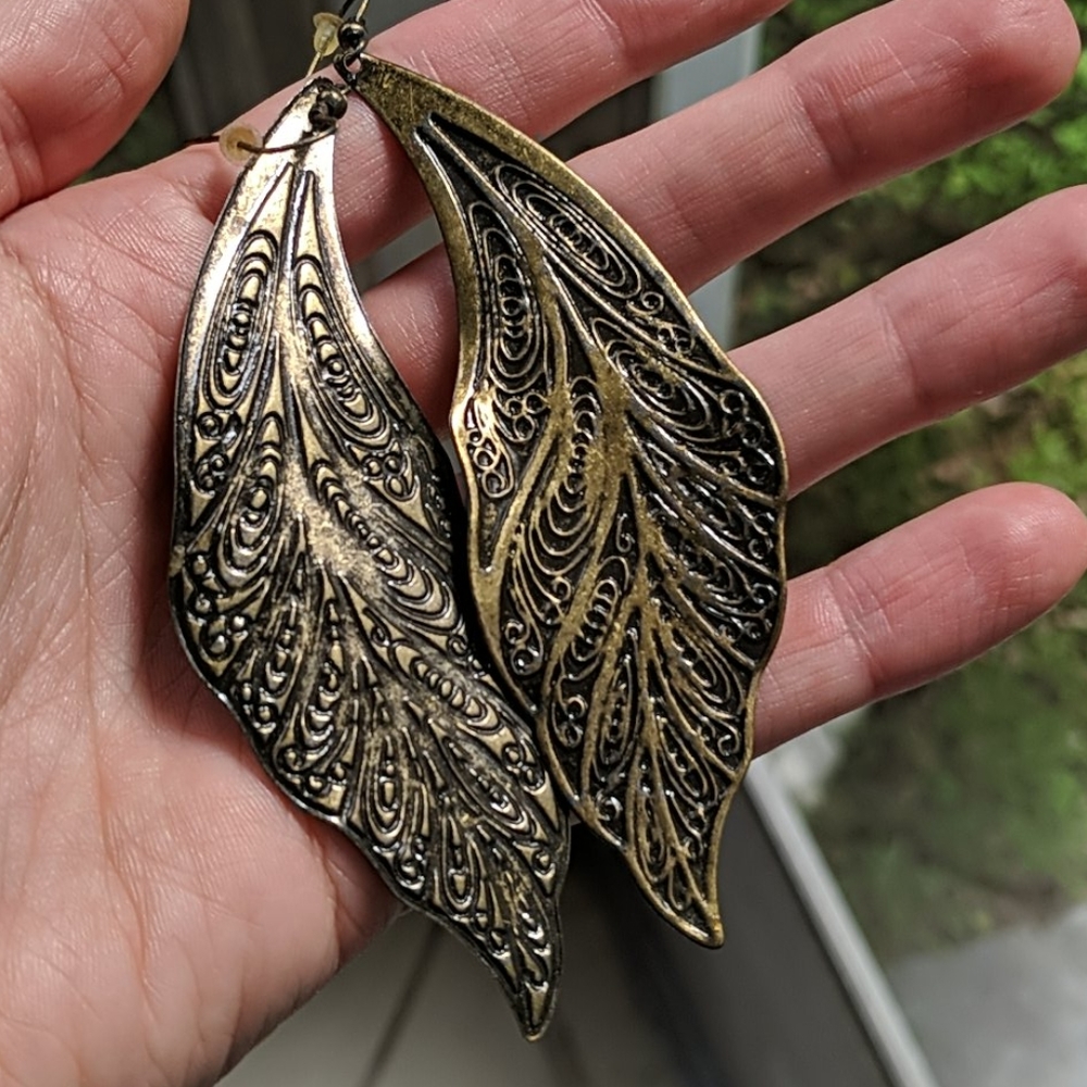 Dark Gold Wing Dangle Goth Long Earrings